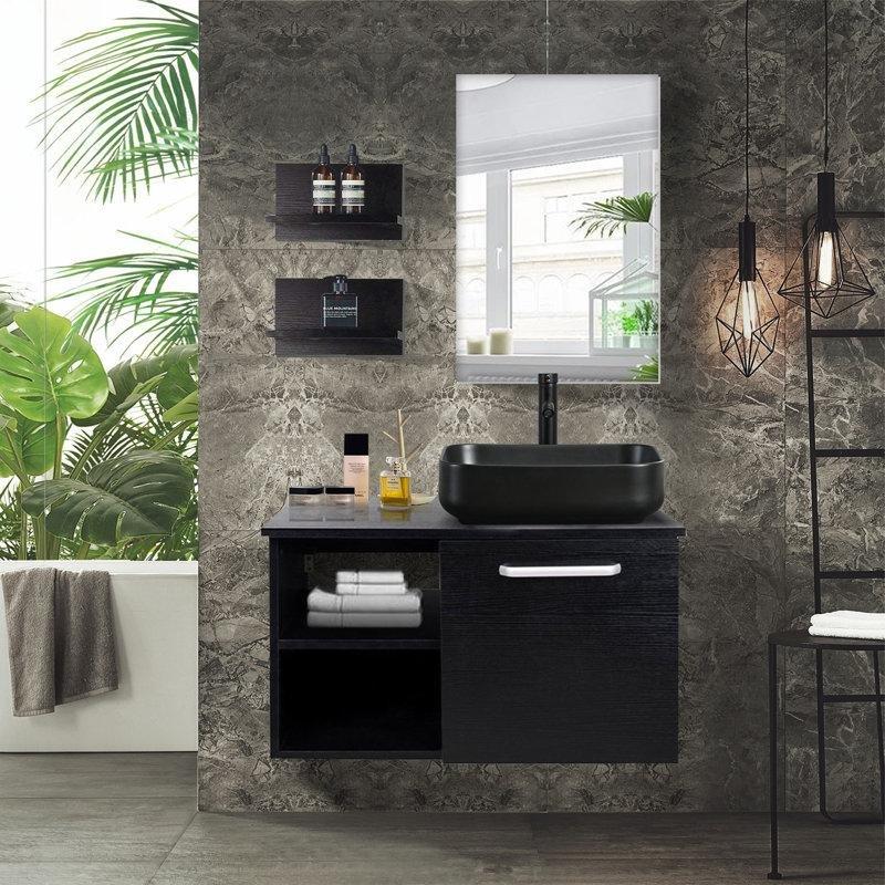Siyah MDF Duvara Monte Aynalı ve Raflı Çanak Lavabolu Banyo Dolabı Seti - 72 cm - 200880