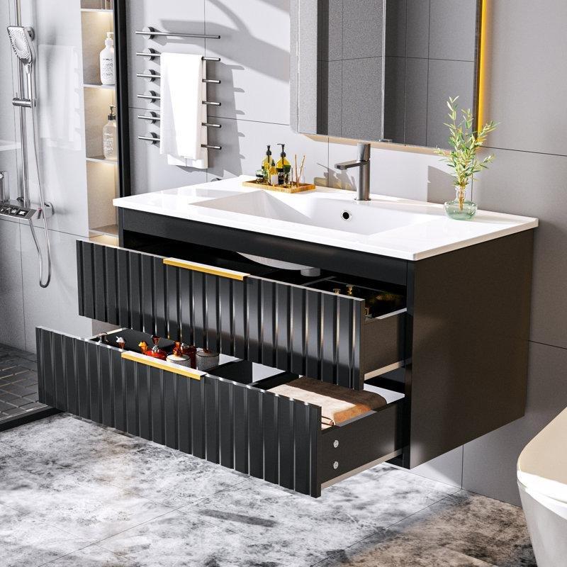 Siyah MDF Duvara Monte Çekmeceli Banyo Lavabo Dolabı - 92 cm - 198257