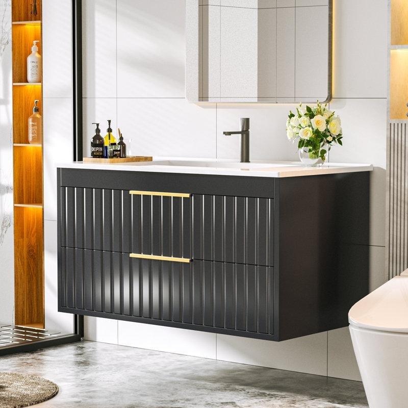 Siyah MDF Duvara Monte Çekmeceli Banyo Lavabo Dolabı - 92 cm - 198257