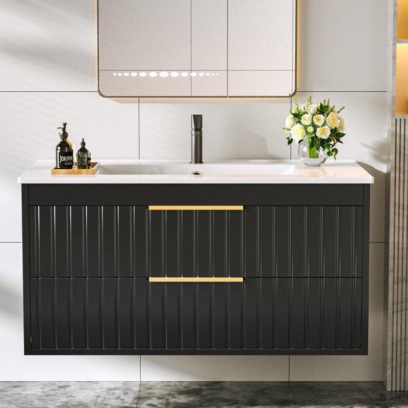 Siyah MDF Duvara Monte Çekmeceli Banyo Lavabo Dolabı - 92 cm - 198257