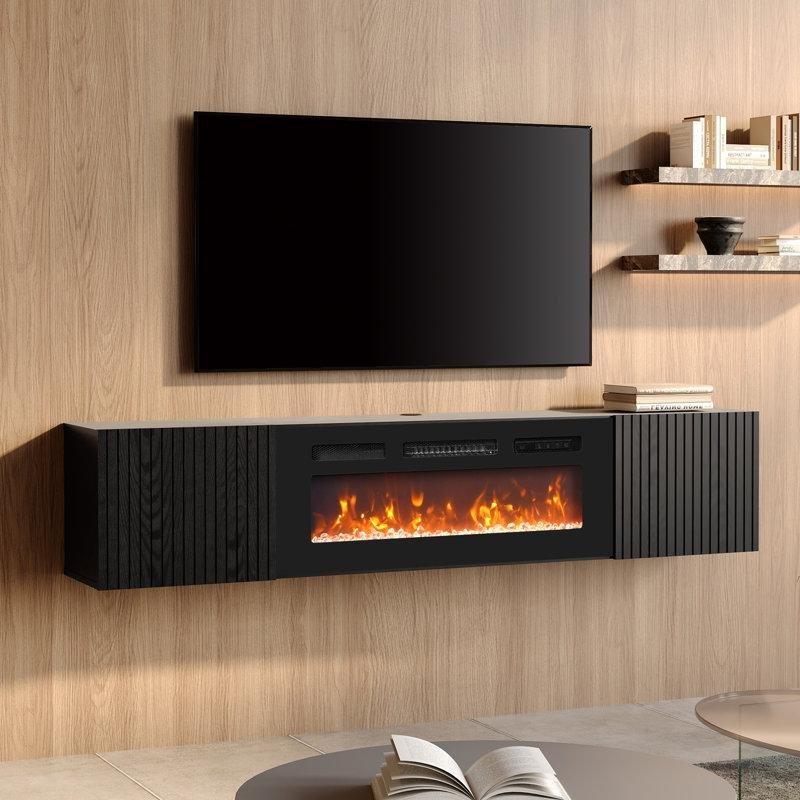 Siyah MDF Duvara Monte Elektrikli Şömineli TV Ünitesi - 178 cm - 220586