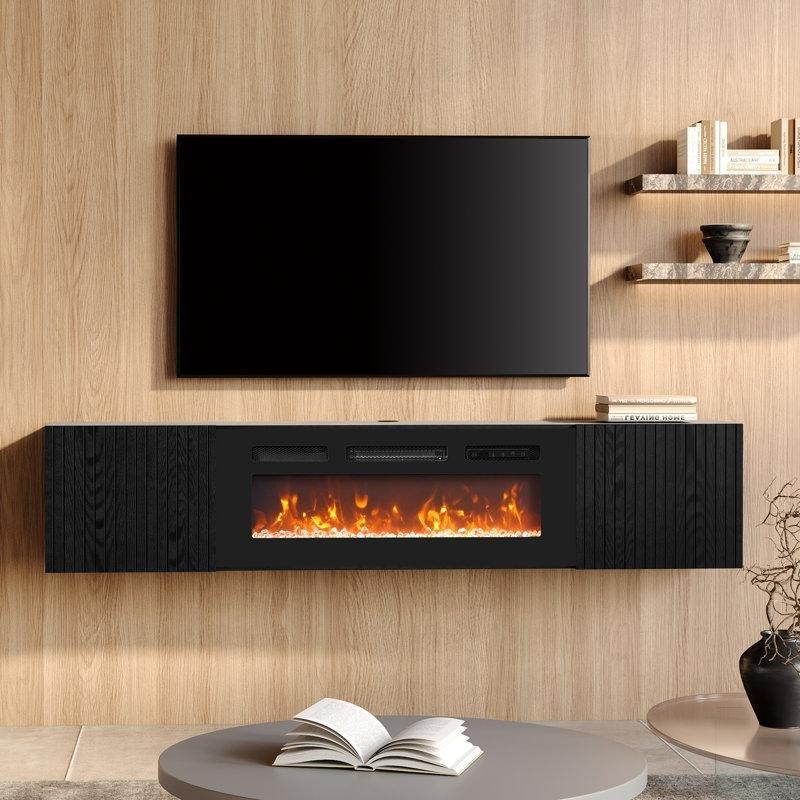 Siyah MDF Duvara Monte Elektrikli Şömineli TV Ünitesi - 178 cm - 220586