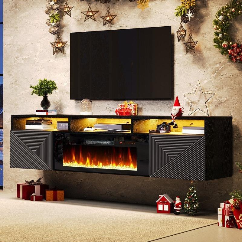 Siyah MDF Duvara Monte Şömineli ve LED Işıklı Parlak Kapaklı TV Ünitesi - 204 cm - 220528