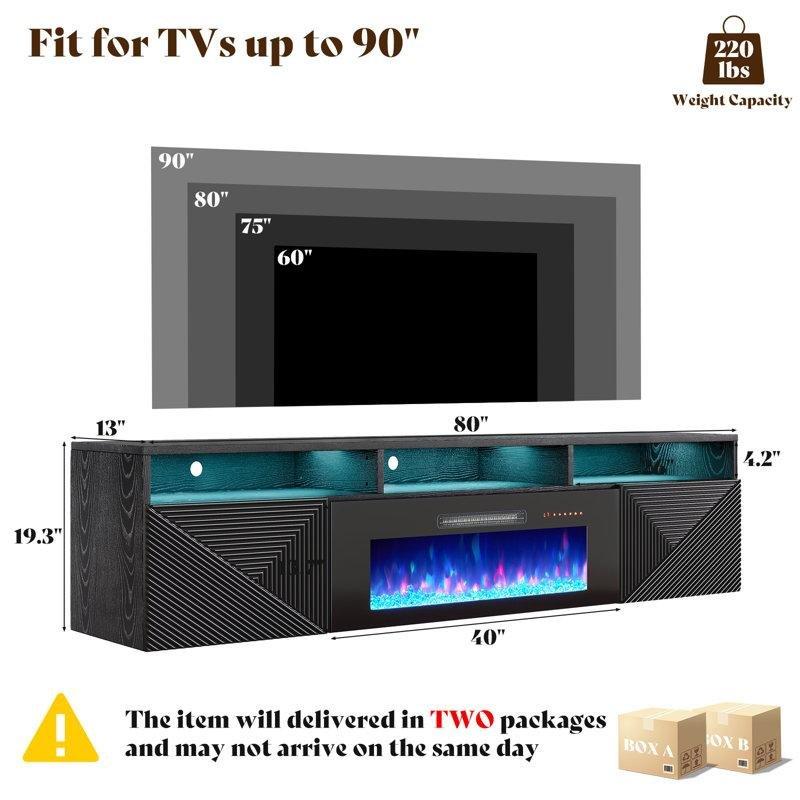 Siyah MDF Duvara Monte Şömineli ve LED Işıklı Parlak Kapaklı TV Ünitesi - 204 cm - 220528