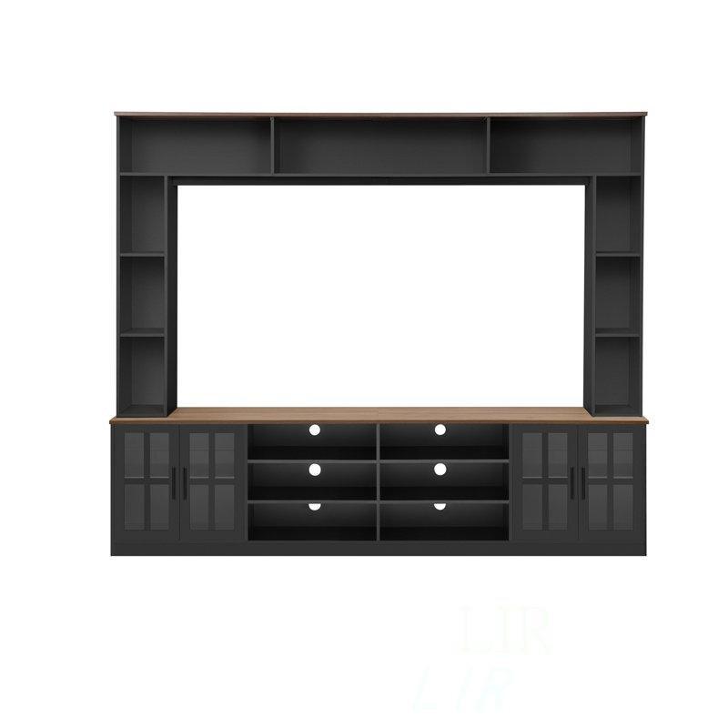 Siyah MDF Elektrikli Şömineli Kitaplıklı TV Ünitesi - 243 cm - 220261