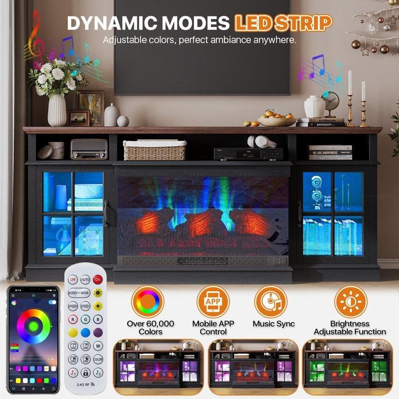 Siyah MDF Elektrikli Şömineli LED Işıklı Cam Kapaklı TV Ünitesi - 178 cm - 220337