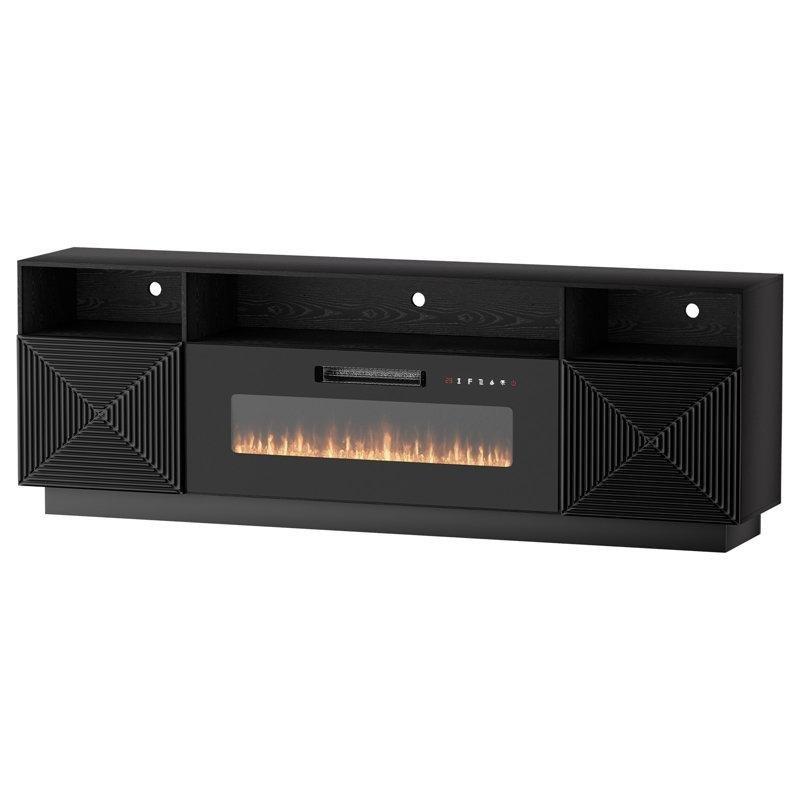Siyah MDF Elektrikli Şömineli ve LED Işıklı TV Ünitesi - 178 cm - 221127