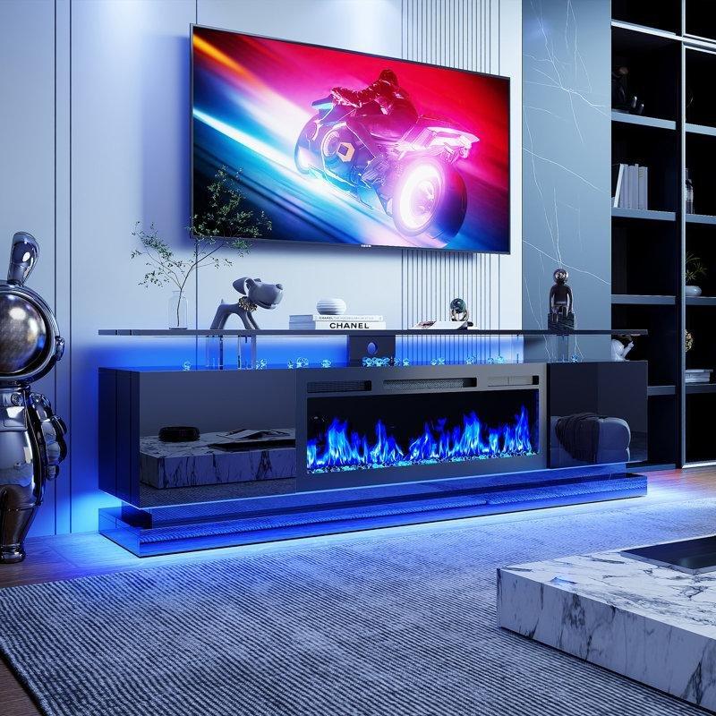 Siyah MDF Elektrikli Şömineli ve RGB LED Aydınlatmalı TV Ünitesi - 181 cm - 221156