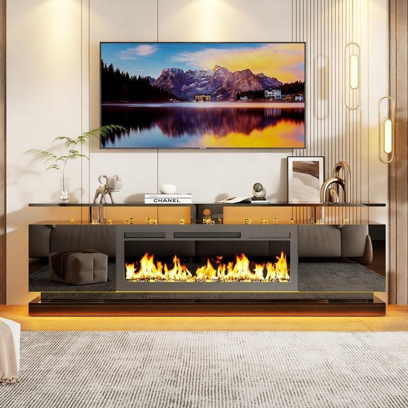 Siyah MDF Elektrikli Şömineli ve RGB LED Aydınlatmalı TV Ünitesi - 181 cm - 221156