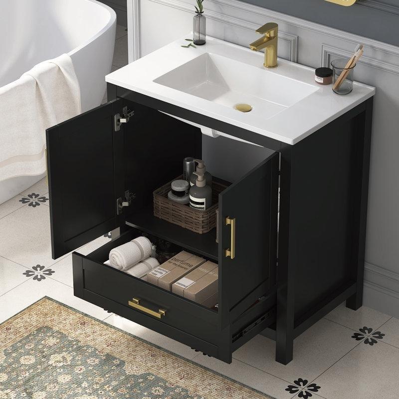 Siyah MDF Fırçalanmış Gold Kulplu Çekmeceli Ayaklı Banyo Lavabo Dolabı - 79 cm - 198351