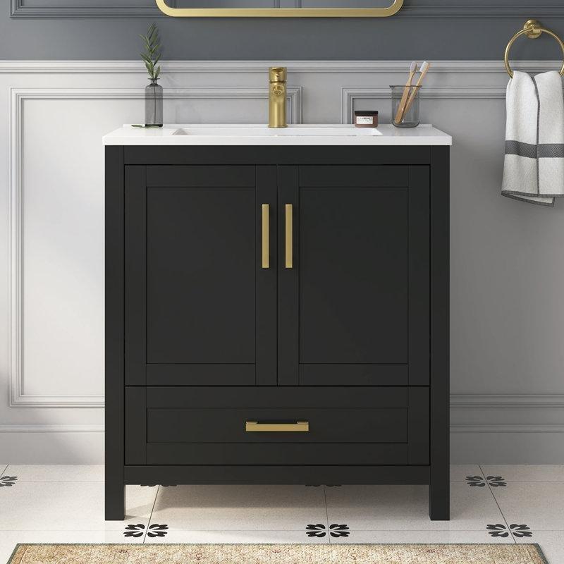 Siyah MDF Fırçalanmış Gold Kulplu Çekmeceli Ayaklı Banyo Lavabo Dolabı - 79 cm - 198351