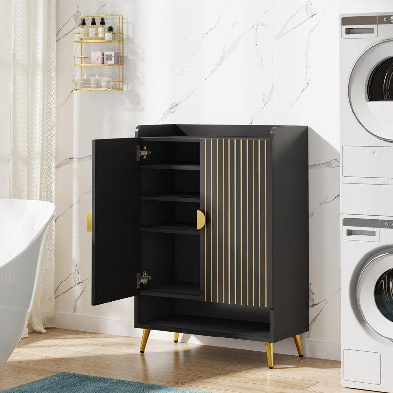 Siyah MDF Gold Detaylı 6 Raflı Metal Ayaklı Kapaklı Ayakkabılık - 76x38x111 cm - 229441
