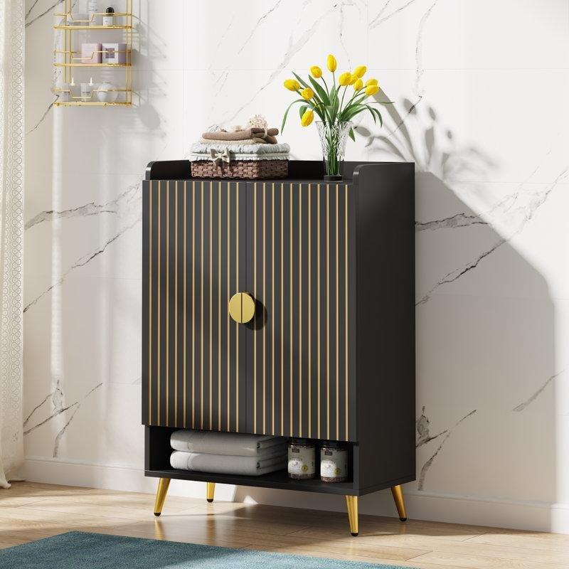 Siyah MDF Gold Detaylı 6 Raflı Metal Ayaklı Kapaklı Ayakkabılık - 76x38x111 cm - 229441