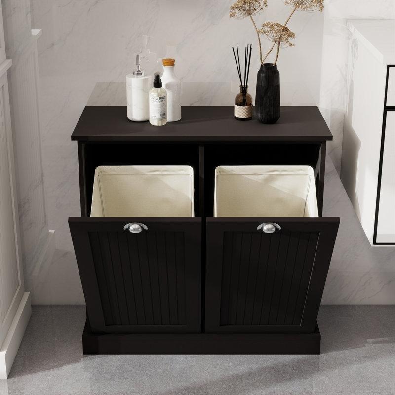 Siyah MDF İki Bölmeli Devrilebilir Kapaklı Dolaplı Çamaşır Sepeti - 84x38x81 cm - 187226