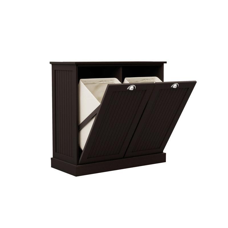Siyah MDF İki Bölmeli Devrilebilir Kapaklı Dolaplı Çamaşır Sepeti - 84x38x81 cm - 187226
