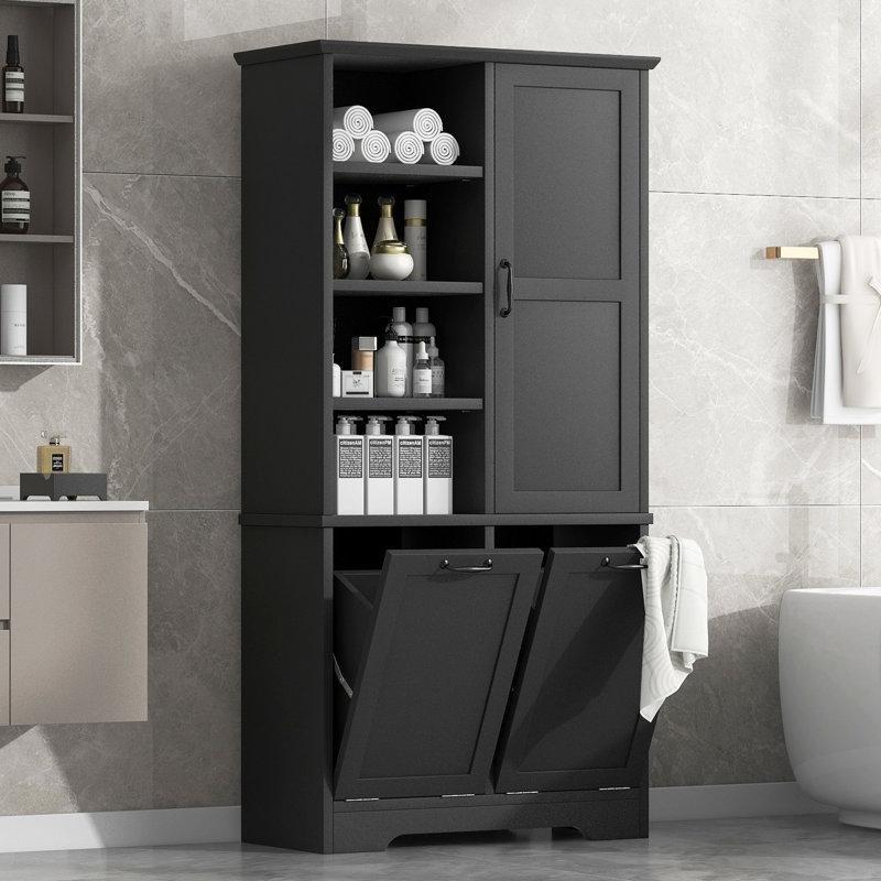 Siyah MDF İki Bölmeli Dolaplı Çamaşır Sepeti - 173x79x36 cm - 187409