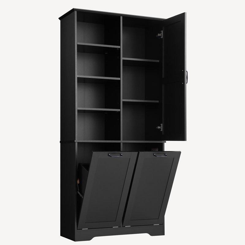 Siyah MDF İki Bölmeli Dolaplı Çamaşır Sepeti - 173x79x36 cm - 187409