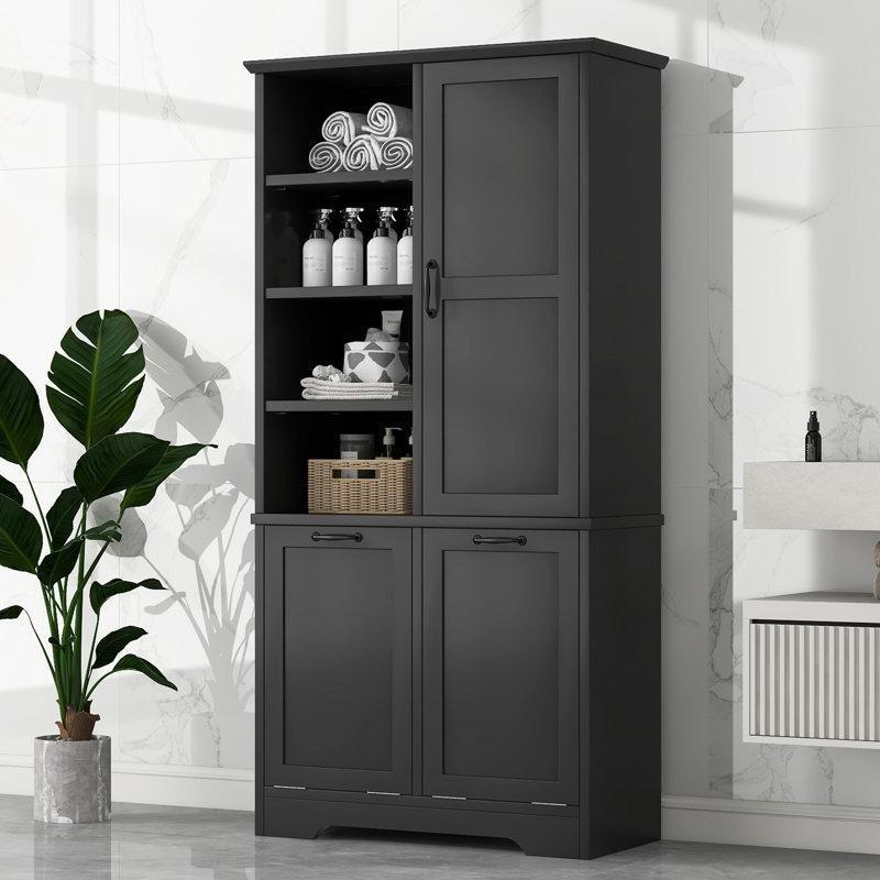Siyah MDF İki Bölmeli Dolaplı Çamaşır Sepeti - 173x79x36 cm - 187409