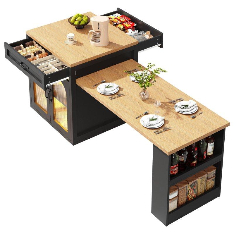 Siyah MDF LED Aydınlatmalı Açılır Raflı Bar Masası - 126-196 cm - 232368