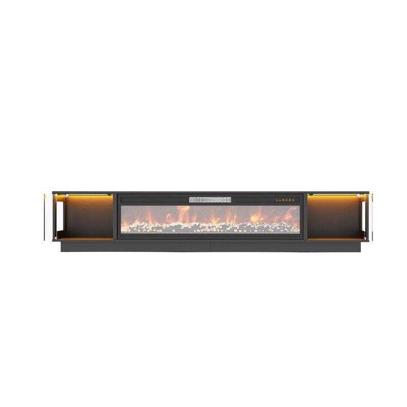 Siyah MDF LED Işıklı Elektrikli Şömineli TV Ünitesi - 200 cm - 222029