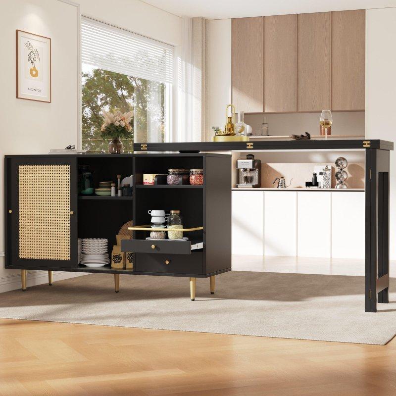 Siyah MDF Metal 360° Dönebilen Genişletilebilir LED Işıklı Dolaplı Bar Masası - 187x80x76 cm - 232467