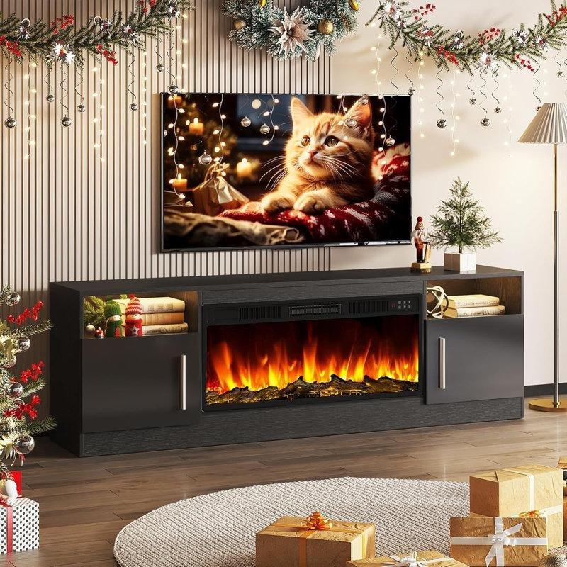 Siyah MDF Parlak Yüzeyli LED Işıklı Şömineli Tv Ünitesi - 178 cm - 221041