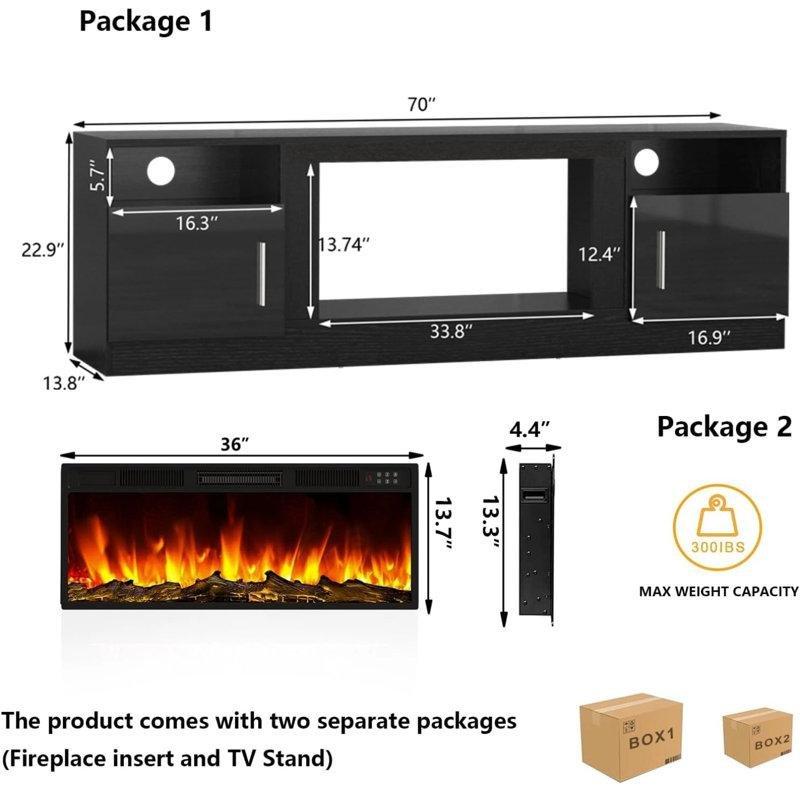 Siyah MDF Parlak Yüzeyli LED Işıklı Şömineli Tv Ünitesi - 178 cm - 221041