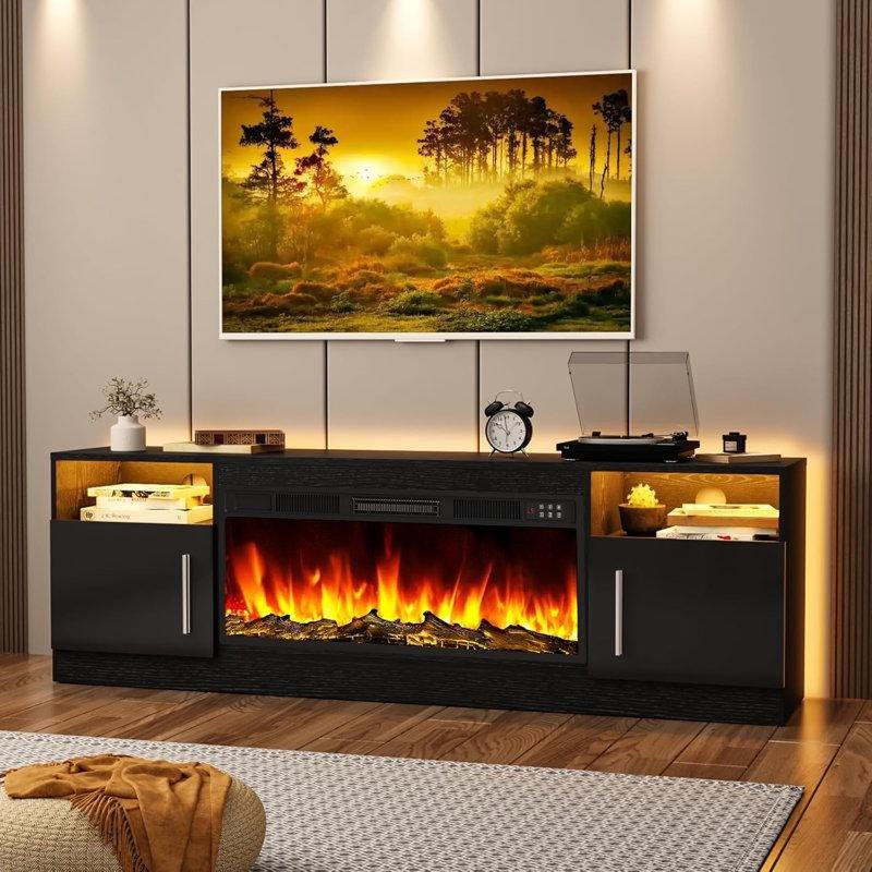Siyah MDF Parlak Yüzeyli LED Işıklı Şömineli Tv Ünitesi - 178 cm - 221041