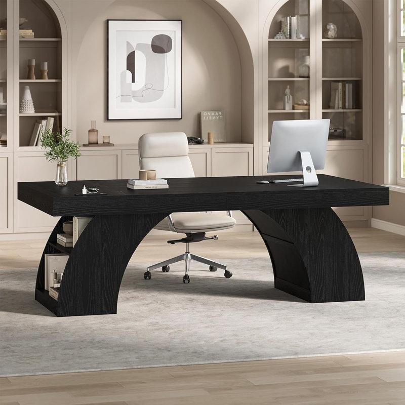 Siyah MDF Prizli USB Portlu Raflı Kemerli Tasarım Yönetici Ofis Masası - 181x80 cm - 176794