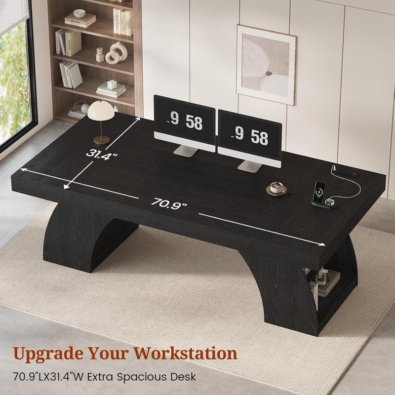 Siyah MDF Prizli USB Portlu Raflı Kemerli Tasarım Yönetici Ofis Masası - 181x80 cm - 176794