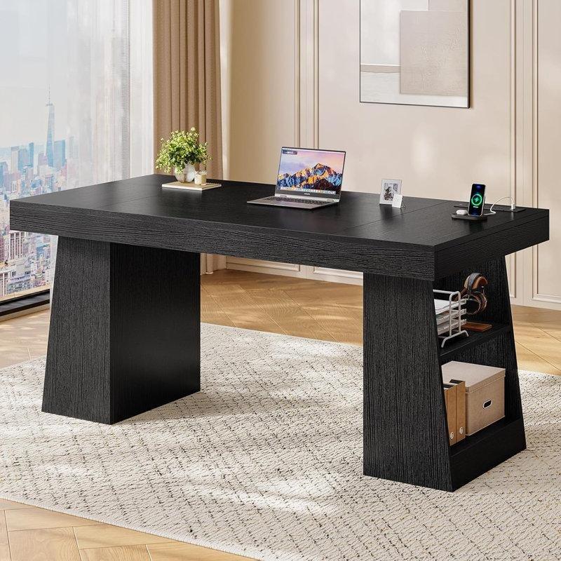Siyah MDF Prizli ve Raflı Yönetici Ofis Masası - 142 cm - 176981