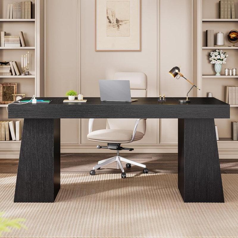 Siyah MDF Prizli ve Raflı Yönetici Ofis Masası - 142 cm - 176981