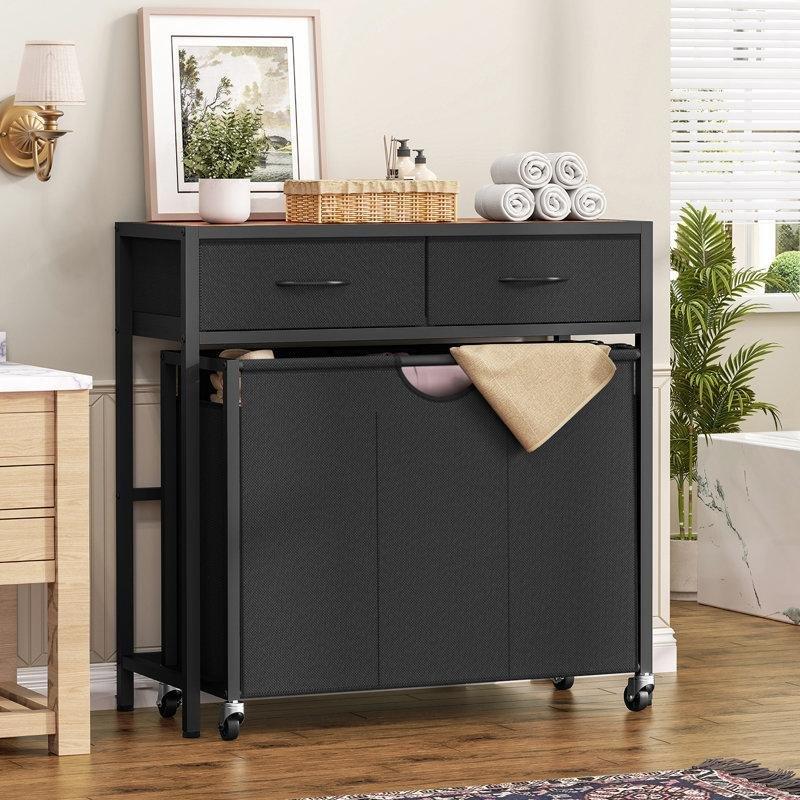 Siyah MDF Raflı Metal Üç Bölmeli Tekerlekli Çamaşır Sepeti - 85x34x82 cm - 187354 Siyah MDF Raflı Metal Üç Bölmeli Tekerlekli Çamaşır Sepeti - 85x34x82 cm - 187354