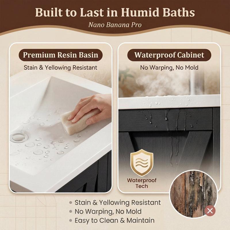 Siyah MDF Reçine Lavabolu Çekmeceli Banyo Lavabo Dolabı - 60 cm - 198515