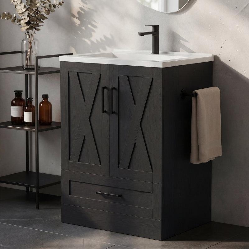 Siyah MDF Reçine Lavabolu Çekmeceli Banyo Lavabo Dolabı - 60 cm - 198515