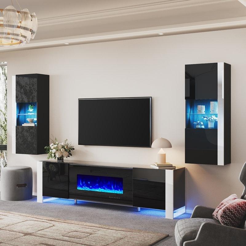 Siyah MDF Şömineli ve LED Aydınlatmalı 3 Parça Duvar Tipi TV Ünitesi - 220194