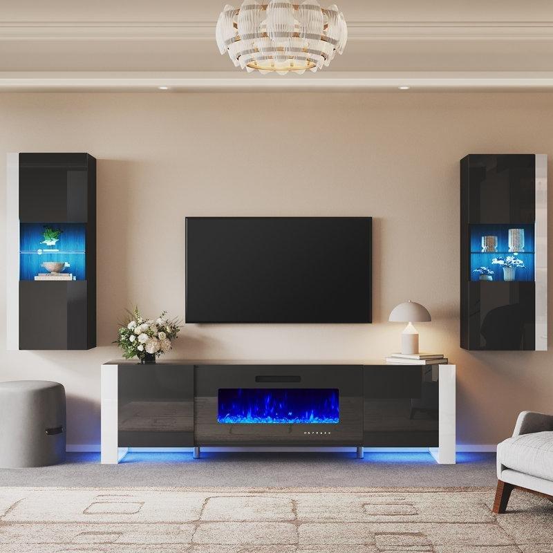 Siyah MDF Şömineli ve LED Aydınlatmalı 3 Parça Duvar Tipi TV Ünitesi - 220194