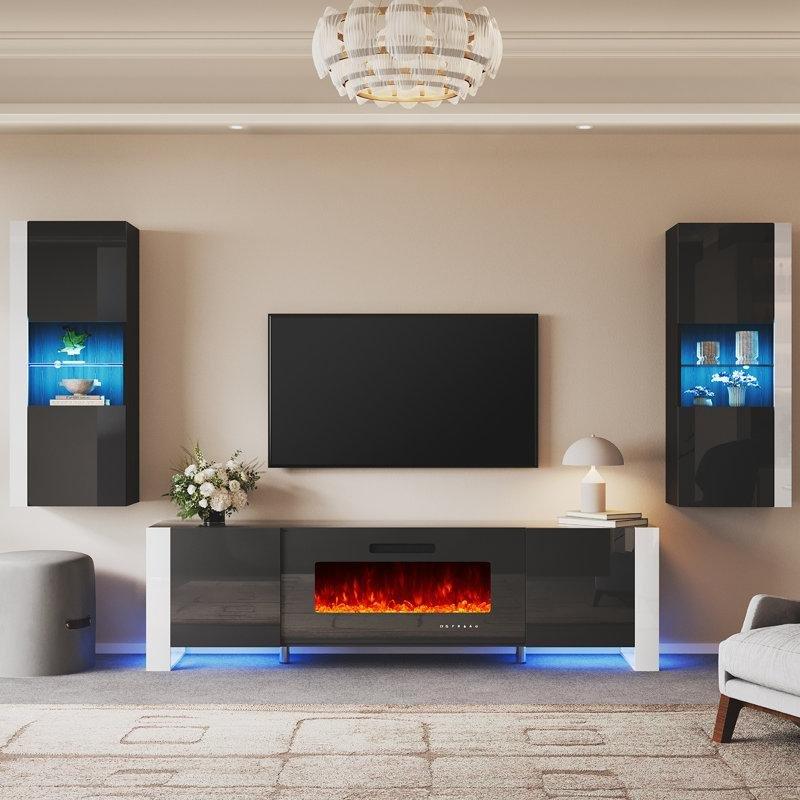 Siyah MDF Şömineli ve LED Aydınlatmalı 3 Parça Duvar Tipi TV Ünitesi - 220194
