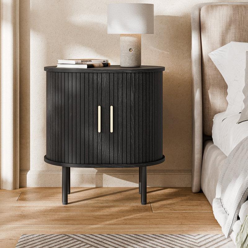 Siyah MDF Tambur Kapaklı Oval İkili Komodin Seti - 60 cm - 223975