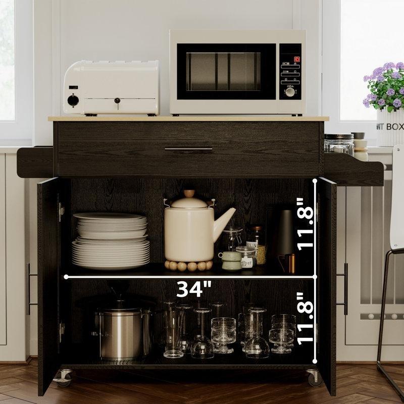 Siyah MDF Tekerlekli Açılır Kapanır Tablalı Mutfak Adası - 121 cm - 176540