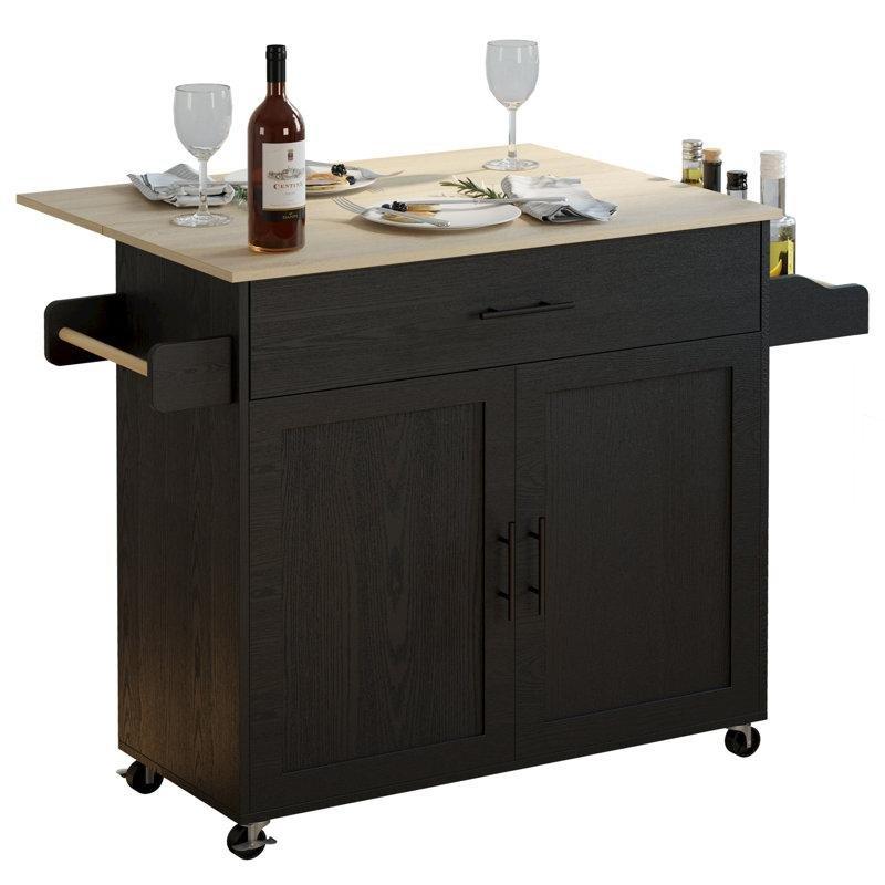 Siyah MDF Tekerlekli Açılır Kapanır Tablalı Mutfak Adası - 121 cm - 176540