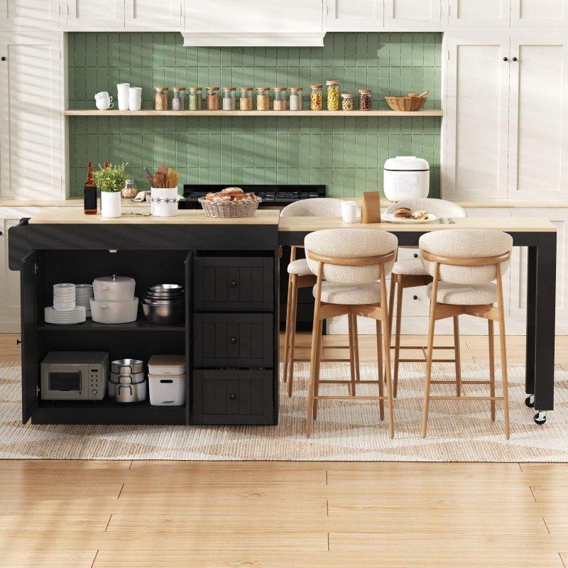 Siyah MDF Tekerlekli Çekmeceli Açılır Bar Masası - 112-187x45x93 cm - 232391