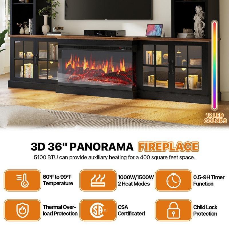 Siyah MDF ve Cam Elektrikli Şömineli LED Aydınlatmalı Kitaplıklı TV Ünitesi - 249 cm - 222468