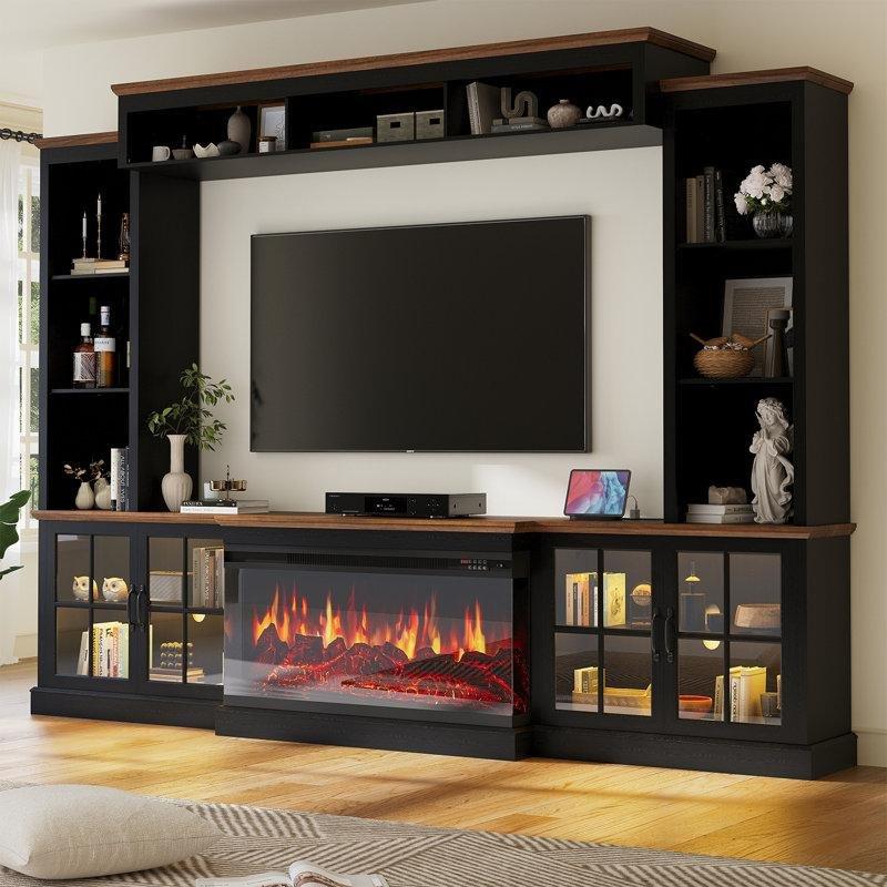 Siyah MDF ve Cam Elektrikli Şömineli LED Aydınlatmalı Kitaplıklı TV Ünitesi - 249 cm - 222468