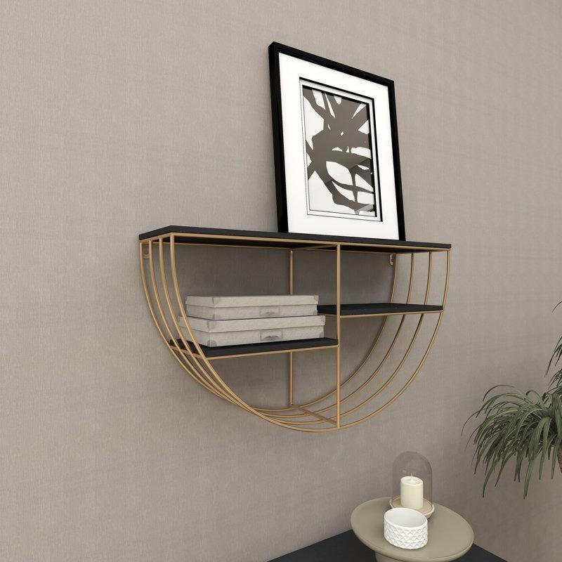 Siyah MDF ve Gold Metal 3 Raflı Yarım Ay Tasarımlı Duvar Rafı - 72 cm - 180645