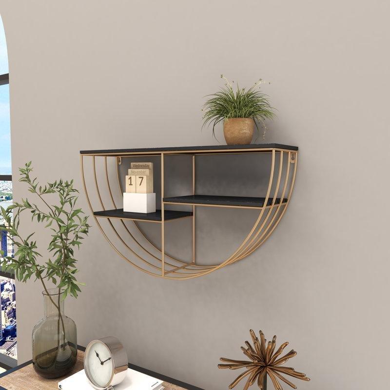 Siyah MDF ve Gold Metal 3 Raflı Yarım Ay Tasarımlı Duvar Rafı - 72 cm - 180645