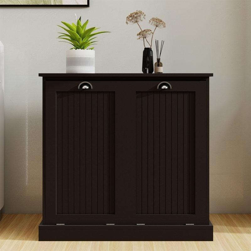 Siyah MDF ve Masif Ahşap İki Bölmeli Eğimli Açılır Kapaklı Dolaplı Çamaşır Sepeti - 84x38 cm - 187343