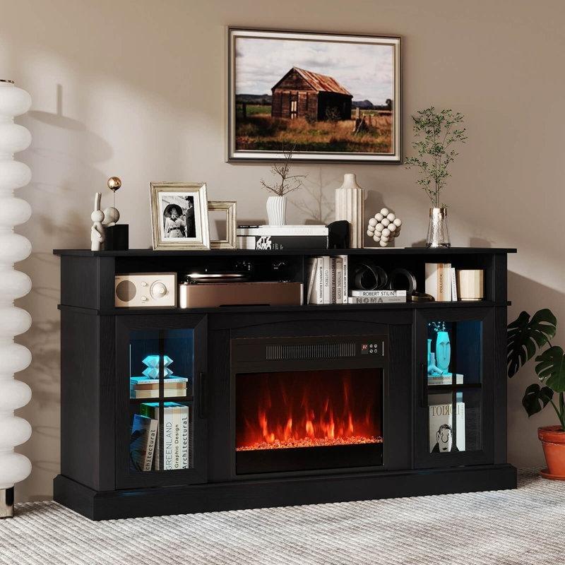 Siyah MDF ve Metal LED Işıklı Şömineli TV Ünitesi - 148 cm - 221196