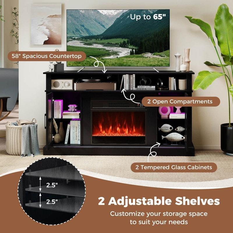 Siyah MDF ve Metal LED Işıklı Şömineli TV Ünitesi - 148 cm - 221196