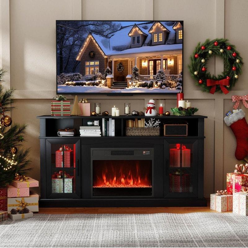 Siyah MDF ve Metal LED Işıklı Şömineli TV Ünitesi - 148 cm - 221196